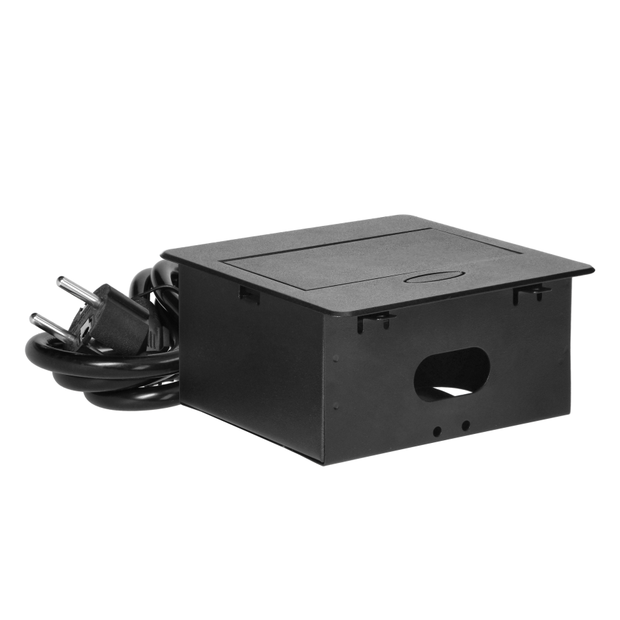 Recessed furniture socket with USB charger and 1.5m long cable, 1x2P+E Schuko, 2xUSB (type A, 2.1A), flat milled edge, black